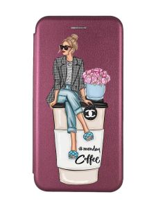Чохол-книжка з малюнком для Samsung Galaxy A34 5G Бордовий :: Дівчина на каві (принт 228)