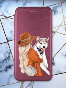 Чохол-книжка з малюнком для Samsung Galaxy A10ѕ/A107 Бордовий :: Дівчина з песиком (принт 115)