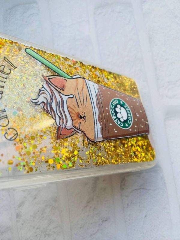 Чохол із плаваючими блискітками на iPhone 14 Золотий :: Капучіно котик (принт 97)