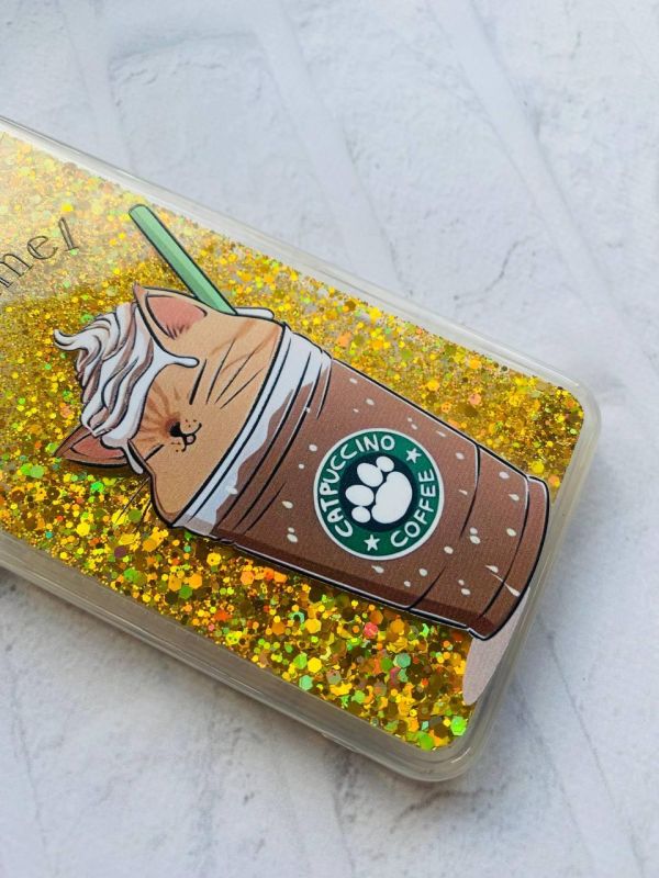 Чохол із плаваючими блискітками на iPhone 14 Золотий :: Капучіно котик (принт 97)