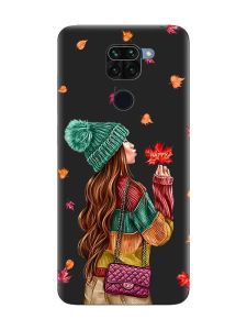 Матовий чорний чохол на Xiaomi Redmi Note 9 :: Дівчина з листям (принт 221)