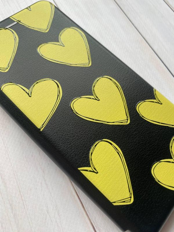 Чохол-книжка з малюнком для Xiaomi Redmi Note 8 Чорний :: Сердечка жовті (принт 259)