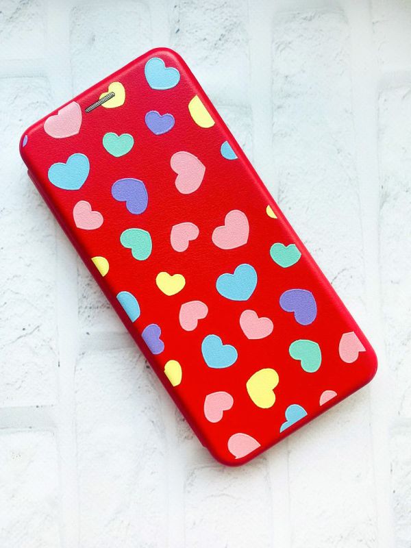 Чохол-книжка з малюнком для Xiaomi Redmi 9A Червоний :: Різнокольорові сердечка (принт 335)