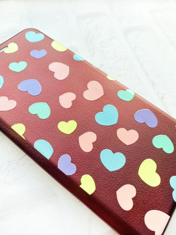 Чохол-книжка з малюнком на Samsung Galaxy M30s / М21 Бордовий :: Різнокольорові сердечка (принт 335)
