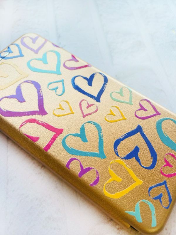 Чохол-книжка з малюнком для Samsung Galaxy A02/ A022 (2021) Золотий :: Різнокольорові сердечка (принт 332)