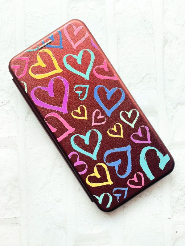 Чохол-книжка з малюнком на Samsung Galaxy M30s / М21 Бордовий :: Різнокольорові сердечка (принт 332)