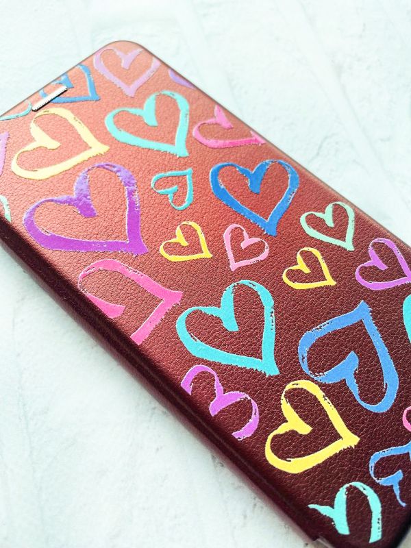 Чохол-книжка з малюнком на Samsung Galaxy M30s / М21 Бордовий :: Різнокольорові сердечка (принт 332)