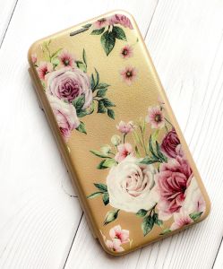 Чохол-книжка з малюнком для Samsung Galaxy A51 (A515) Золотий :: Рожеві квіти (принт 287)