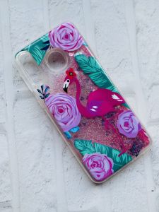Силіконовий чохол з плаваючими блискітками для Samsung Galaxy M30 Фламінго і рози