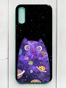 Матовий чохол з бірюзовими боками на Xiaomi Redmi 9А :: Фіолетова кішка (принт 361)