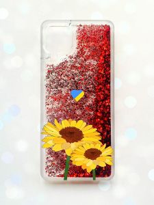 Чохол з плаваючими блискітками Samsung Galaxy A12 Червоний :: Жовті квіти (патріотичний принт 364)