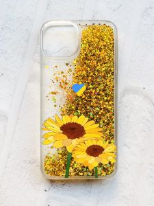 Чохол із плаваючими блискітками на iPhone 14 Золотий :: Жовті квіти (патріотичний принт 364)