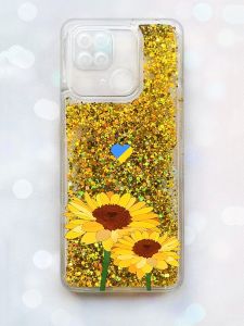 Чохол з плаваючими блискітками на Xiaomi Redmi 10C Золотий :: Жовті квіти (патріотичний принт 364)