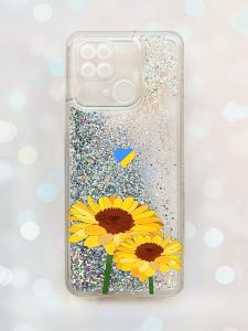Чохол з плаваючими блискітками на Xiaomi Redmi 10C Срібний :: Жовті квіти (патріотичний принт 364)