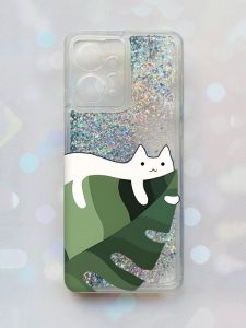 Чохол з плаваючими блискітками на Xiaomi Redmi Note 12 4G Срібний :: Кіт на листку (принт 367)