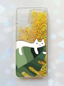 Чохол з плаваючими блискітками для Samsung Galaxy A03s (A037) Золотий :: Кіт на листку (принт 367)