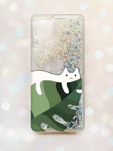 Чохол з плаваючими блискітками Samsung Galaxy A12 Срібний :: Кіт на листку (принт 367)