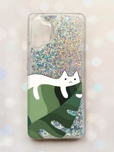 Чохол з плаваючими блискітками Samsung Galaxy A32 Срібний :: Кіт на листку (принт 367)