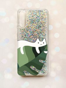 Чохол з плаваючими блискітками на Samsung Galaxy A50 (2019) A505F Срібний :: Кіт на листку (принт 367)