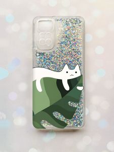 Чохол з плаваючими блискітками на Xiaomi Redmi Note 11 Срібний :: Кіт на листку (принт 367)