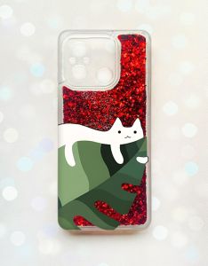 Чохол з плаваючими блискітками на Xiaomi Redmi 12C Червоний :: Кіт на листку (принт 367)