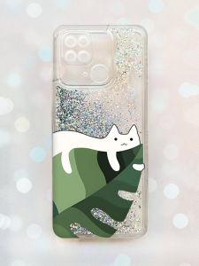 Чохол з плаваючими блискітками на Xiaomi Redmi 10C Срібний :: Кіт на листку (принт 367)