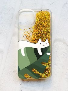 Чохол із плаваючими блискітками на iPhone 13 Золотий :: Кіт на листку (принт 367)