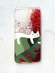 Чохол із плаваючими блискітками на iPhone 13 Червоний :: Кіт на листку (принт 367)