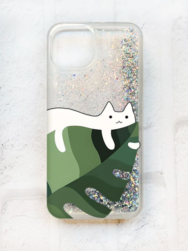 Чохол із плаваючими блискітками на iPhone 14 Срібний :: Кіт на листку (принт 367)