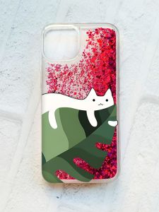 Чохол із плаваючими блискітками на iPhone 14 Рожевий :: Кіт на листку (принт 367)