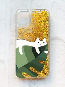 Чохол із плаваючими блискітками на iPhone 11 Золотий :: Кіт на листку (принт 367)