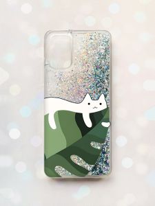 Чохол з плаваючими блискітками на Samsung Galaxy A02s Срібний :: Кіт на листку (принт 367)