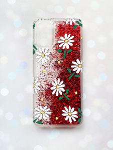 Чохол з плаваючими блискітками для Samsung Galaxy A03s (A037) Червоний :: Ромашки (принт 368)