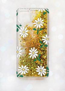 Чохол з плаваючими блискітками Samsung A12 Золотий :: Ромашки (принт 368)