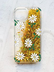 Чохол із плаваючими блискітками на iPhone 14 Золотий :: Ромашки (принт 368)
