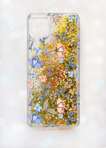 Чохол з плаваючими блискітками Samsung A12 Золотий :: Квітковий фон (принт 371)