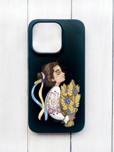 Матовий чохол на iPhone 15 Plus Чорний :: Українка з колосками (принт 172)