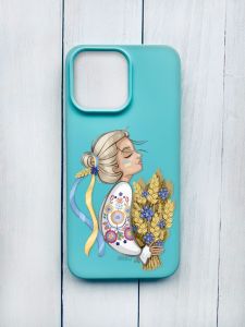 Матовий чохол на iPhone 15 Pro Max Бірюзовий :: Українка з колосками (принт 173)