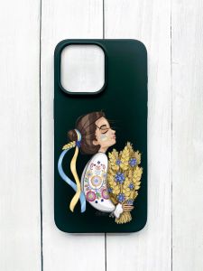 Матовий чохол на iPhone 15 Pro Max Чорний :: Українка з колосками (принт 172)