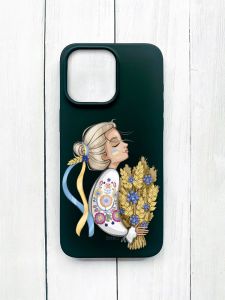 Матовий чохол на iPhone 15 Pro Max Чорний :: Українка з колосками (принт 173)
