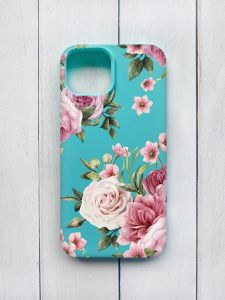 Матовий чохол на iPhone 15 Бірюзовий :: Рожеві квіти (принт 287)