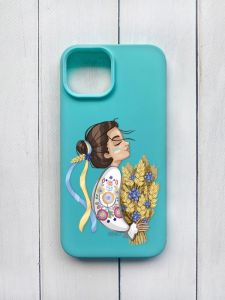 Матовий чохол на iPhone 15 Бірюзовий :: Українка з колосками (принт 172)