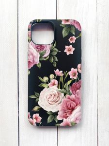 Матовий чохол на iPhone 15 Чорний :: Рожеві квіти (принт 287)