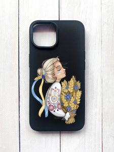 Матовий чохол на iPhone 15 Чорний :: Українка з колосками (принт 173)