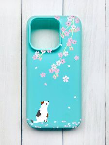 Матовий чохол на iPhone 15 Pro Бірюзовий :: Котик і сакура (принт 283)