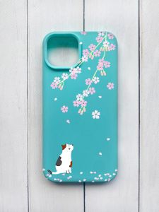 Матовий чохол на iPhone 15 Бірюзовий :: Котик і сакура (принт 283)