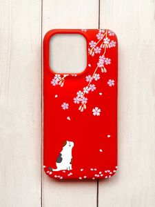 Матовий чохол на iPhone 15 Pro Червоний :: Котик і сакура (принт 283)