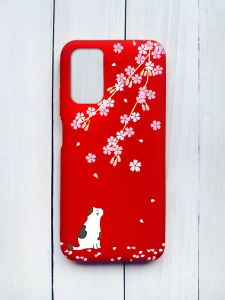 Матовий чохол на Xiaomi Redmi 9T Червоний :: Котик і сакура (принт 283)