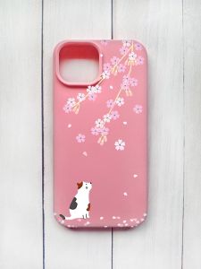 Матовий чохол на iPhone 15 Рожевий :: Котик і сакура (принт 283)