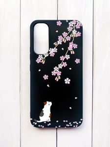 Матовий чохол на Samsung A34 5G Чорний :: Котик і сакура (принт 283)